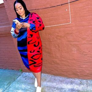 Mixed Print Midi Long Sleeve Dress
